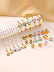 Macaron Enamel 4PCS Jewelry Set, Titanium Steel Gold Plated, Hypoallergenic Necklace Bracelet Earrings Ring, Perfect Gift For Women - Seashell Four-piece Set - View 5