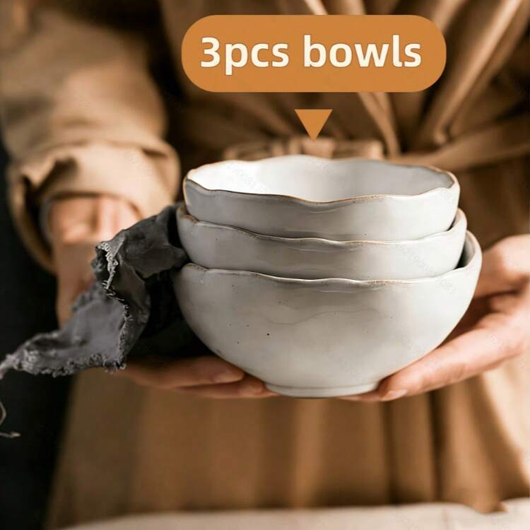 1pc /3pcs Klin White Color Japanese Ceramic Bowl, Deep Irregular Noodle Ramen Bowl Creative Tableware For Home Or Restaurant - White - View 3