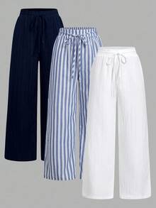 Set Of 3 High-Waisted Loose Straight-Leg Trousers With Drawstring And Pockets, Solid Color And Versatile, Suitable For Spring/Summer - Beige - View 1