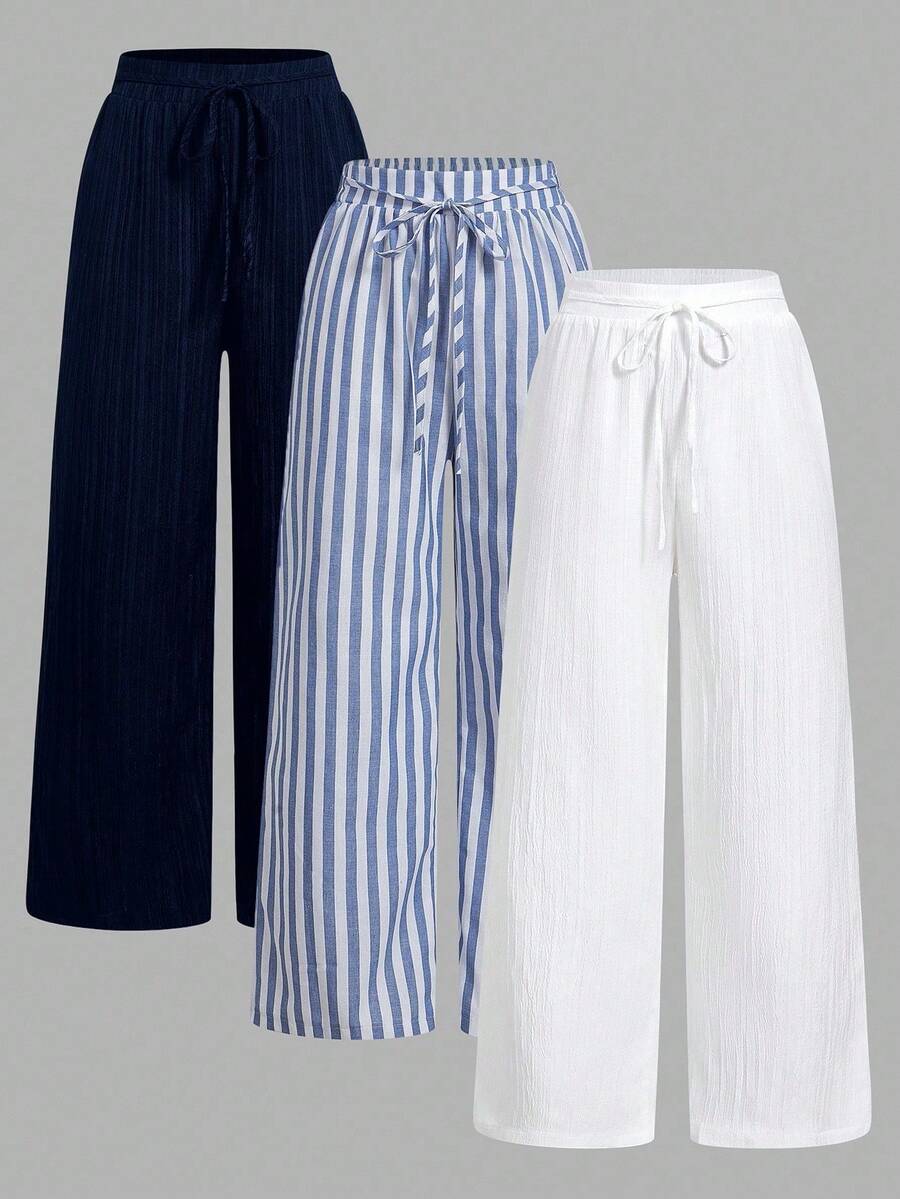 Set Of 3 High-Waisted Loose Straight-Leg Trousers With Drawstring And Pockets, Solid Color And Versatile, Suitable For Spring/Summer - Beige - View 1