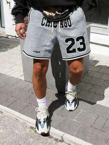 1pc Casual Street Style Chicago 23 Print Drawstring Waist Shorts For Teenage Boys - Light Grey - View 1