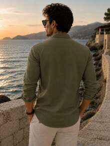 100% Cotton Linen, Breathable, Lightweight, Button-Down Collar, Men's Linen Shirt - Khaki - View 2