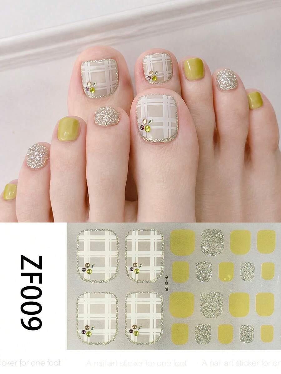 1 Sheet Of Summer-Inspired, Must-Have Full-Toe Nail Stickers For The Beach, Featuring A Striped Mustard Yellow Design With Sparkling Accents-Perfect For Everyday Wear, Parties, And Festive Nail Looks