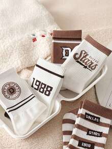 4 Pairs Random Socks, Suitable For Female Students In Spring And Autumn, Fashionable Korean-Style Knee-High Socks, Athletic American-Style Knee-High Socks, Comfortable For Daily Wear - Multicolor - View 4