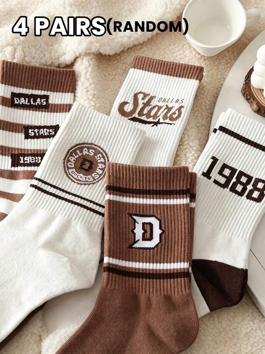 4 Pairs Random Socks, Suitable For Female Students In Spring And Autumn, Fashionable Korean-Style Knee-High Socks, Athletic American-Style Knee-High Socks, Comfortable For Daily Wear - Multicolor - View 1