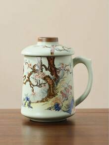 Chinese Vintage Floral Ceramic Mug With Lid, Traditional Peacock & Plum Blossom Pattern Porcelain Tea Cup, Large Capacity Handle Water Cup, Oriental Aesthetic Table Decor, Elegant Gift For Tea Lovers Office & Home Daily Drinking - Multicolor - View 11