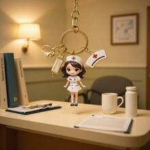 2D Flat Nurse Theme Keychain, Cute Cartoon Nurse Design With Stethoscope And Red Cross Pattern, Durable Alloy Material, Suitable For Backpack, Car Keys, Wallet, Ideal Gift Accessory For Medical Professionals, Christmas Gift - A - View 7