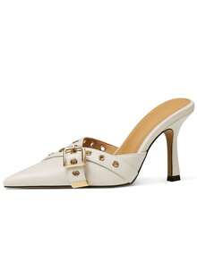 Kitten Heels For Women  Vintage Pointed Toe Heels Mules Sexy Pointy Studded Heels Slip On Stiletto Heels Pumps Party Wedding Shoes Women - 糯米白色 - 查看 2