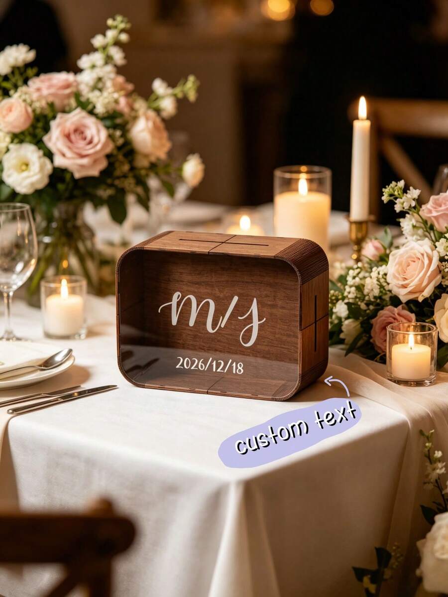 1pc Customized Wooden Wedding Card Box, Personalized Name & Date Wedding Gift Card Storage Box, Engraved Rustic Style Wooden Money Box, Customized Text Reception Card Collection Box, Wedding Ceremony Decoration, Bridal Shower, Engagement Party, Anniversary Celebration Keepsake