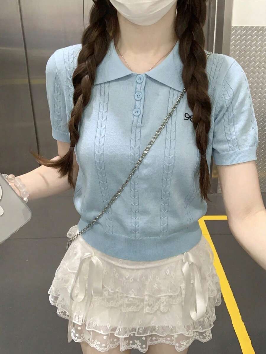 素色蝴蝶結刺繡休閒居家夏季短袖女款針織上衣 - 藍色 - 查看 1