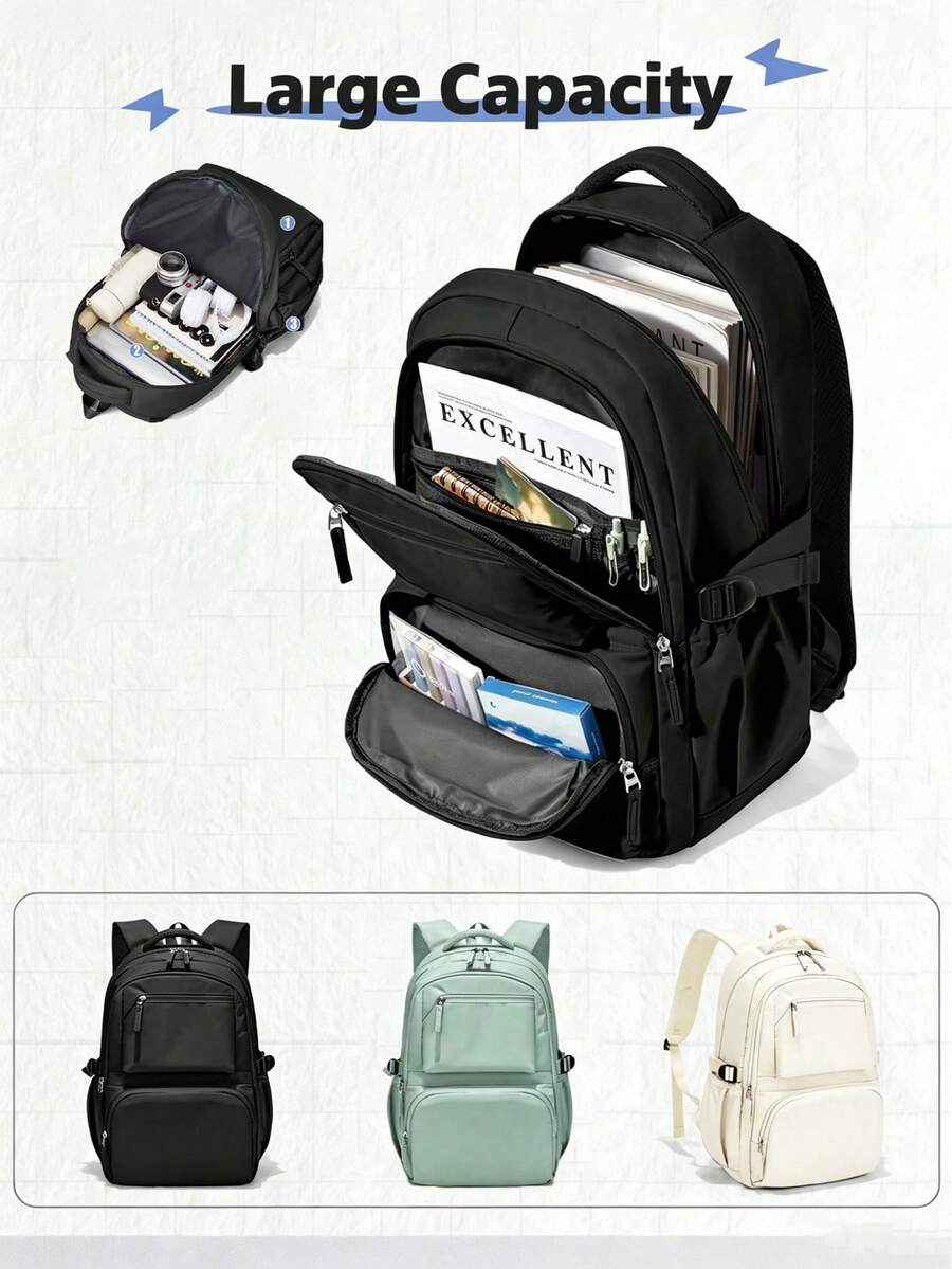 Multi-Pocket Casual Student Backpack, Large Capacity Laptop Book Bag, Lightweight Teen Girls Back To School Commute Outdoor Daily Use Bag Solid Color