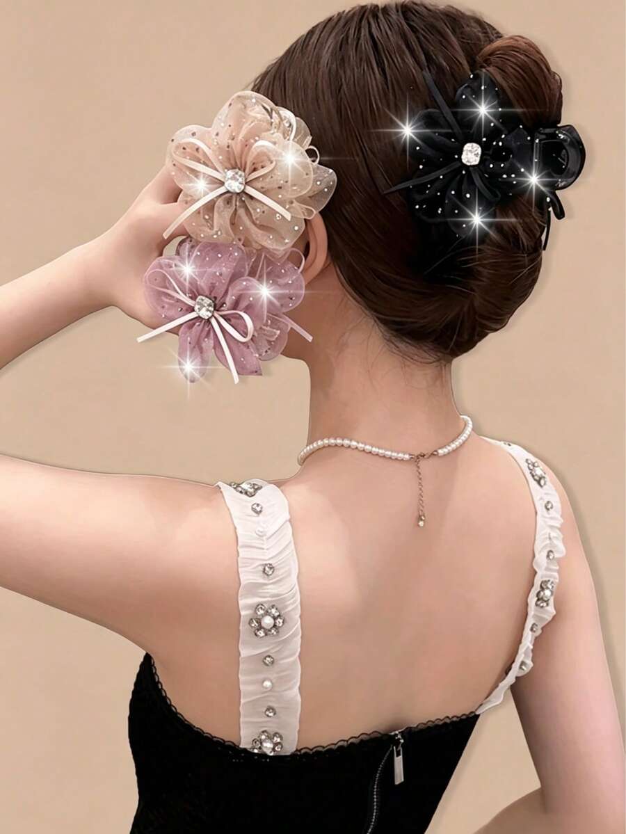 4pcs New Spring And Summer Floral Hair Clips, Net Hair Clips, High Ponytail And Bun Fixers, Hair Accessories - Multicolor - View 1