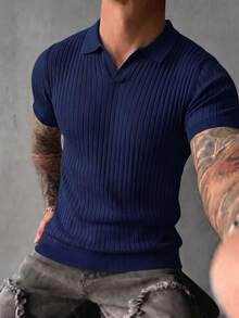 Men's Classic Ribbed Knit Polo Short Sleeve Shirt, Solid Color, Perfect For Summer Outings, Fashionable Wardrobe Essential - Navy Blue - View 5