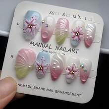 10pcs Medium Almond Mermaid Themed False Nails, 3D Shell & Flower Carved, Pink & Blue Ombre, Decorated With Pearls & Rhinestones, Full Coverage Reusable Nail Set, Suitable For Beach Vacation And Daily Wear - Multicolor - View 7