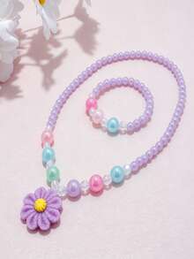 2pcs/Set Girls Cute Flower Pendant Beaded Necklace Bracelet Jewelry Set, Suitable For School, Holiday Party, Birthday Gift, Daily Wear - one-size - View 4