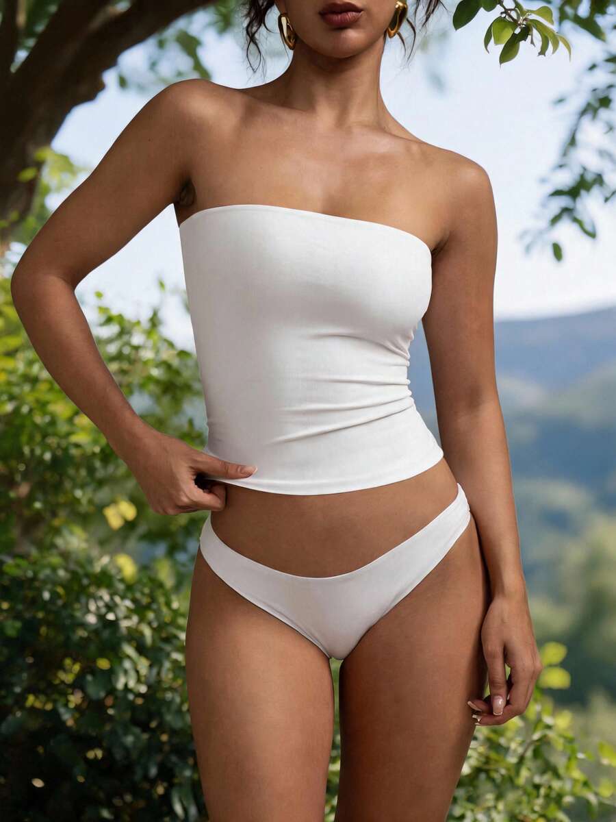 Allurini Sexy Strapless Basic Camisole, Fashionable Solid Color Elastic Fitted White Tube Top, Suitable For All Seasons Casual Summer Elegant - White - View 1