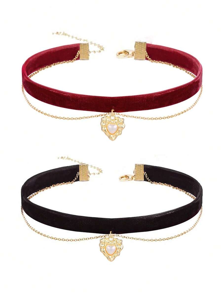 1pc Women's Fashion Vintage Court Style Choker Heart Pearl Velvet Chain Personalized Neck Chain Collar Necklace - Multicolor - View 1