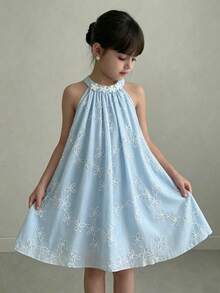 Girls Sleeveless Midi Dress With Floral Embroidery & Sequins, Fashionable & Breathable For Summer Vacation - Baby Blue - View 2