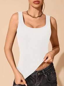 1 pieza Top de tirantes acanalado para mujer de todas las estaciones con espalda en U grande, almohadillas para el pecho incorporadas 2 en 1, ajuste ceñido, ropa interior, ropa exterior, casual para el hogar, capa base de unicolor - Blanco - Ver 4