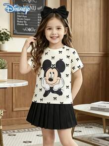 Disney 夏季女童兩件套可愛米奇蝴蝶結印花短袖T恤與裙子套裝，休閒少女日常基礎針織圓領短袖彈性腰褶皺純黑色裙，戶外度假服飾 - 杏色 - 查看 1