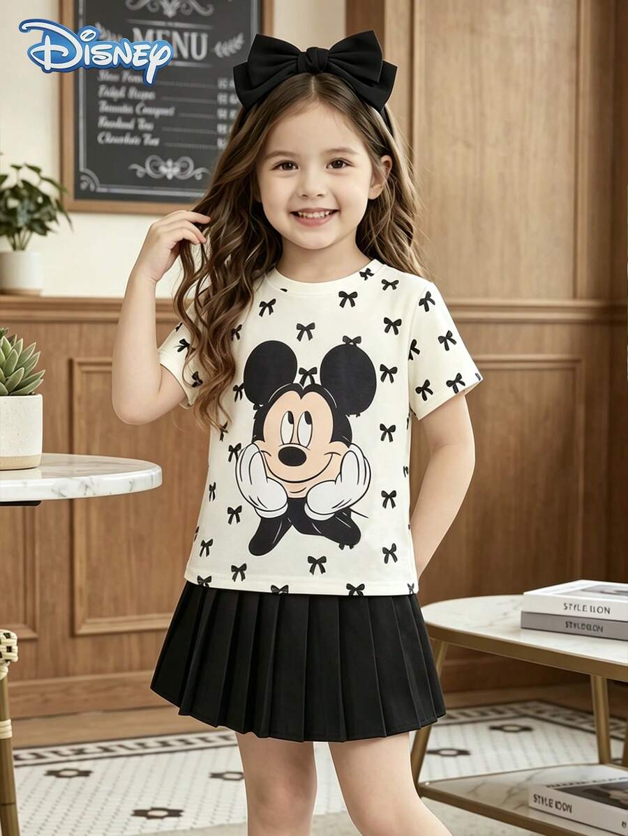 Disney 夏季女童兩件套可愛米奇蝴蝶結印花短袖T恤與裙子套裝,休閒少女日常基礎針織圓領短袖彈性腰褶皺純黑色裙,戶外度假服飾 - 杏色 - 查看 1