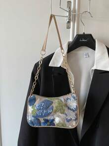 Mini Minimalist Chain Strap Solid Color Floral Pattern Shoulder Bag (Floral Position Randomly Varies) - Blue - View 10