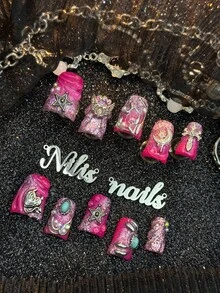 10er Pack handgefertigte, vollständig bedeckte kurze Enten-Press-On-Nägel, Hot Pink, Y2K Sweet Style, wiederverwendbare künstliche Nägel mit Gelee-Kleber und Nagelfeile, geeignet für Punk-Clubnacht, Cosplay, Festival-Konzert, Gothic-Mädchen-Treffen, Sweet Grunge Alltagsstyling - Heißes Pink - Übersicht 2