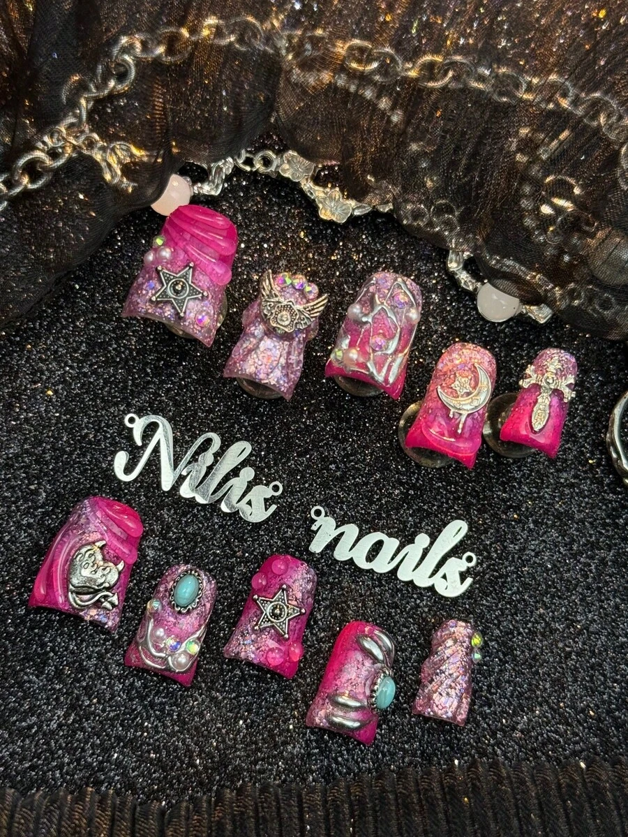 10er Pack handgefertigte, vollständig bedeckte kurze Enten-Press-On-Nägel, Hot Pink, Y2K Sweet Style, wiederverwendbare künstliche Nägel mit Gelee-Kleber und Nagelfeile, geeignet für Punk-Clubnacht, Cosplay, Festival-Konzert, Gothic-Mädchen-Treffen, Sweet Grunge Alltagsstyling