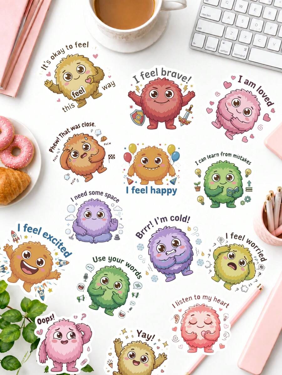 50Pcs Social-Emotional Learning Sticker Pack, Cute Fluffy Monster Prints For Planner, Notebook & Therapy Crafts - Multicolor - View 1