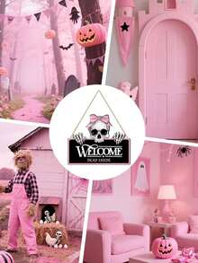 Pink Gothic Skull Welcome Sign, "Welcome Dead Inside" Text, Pink Skull Design, Suitable For Halloween Themed Parties, Halloween Surprise Party Decorations, Home Decor, Porch Decor, Haunted House Decor, Garden And Gothic Style Home Decor - One Size Fits All - View 6