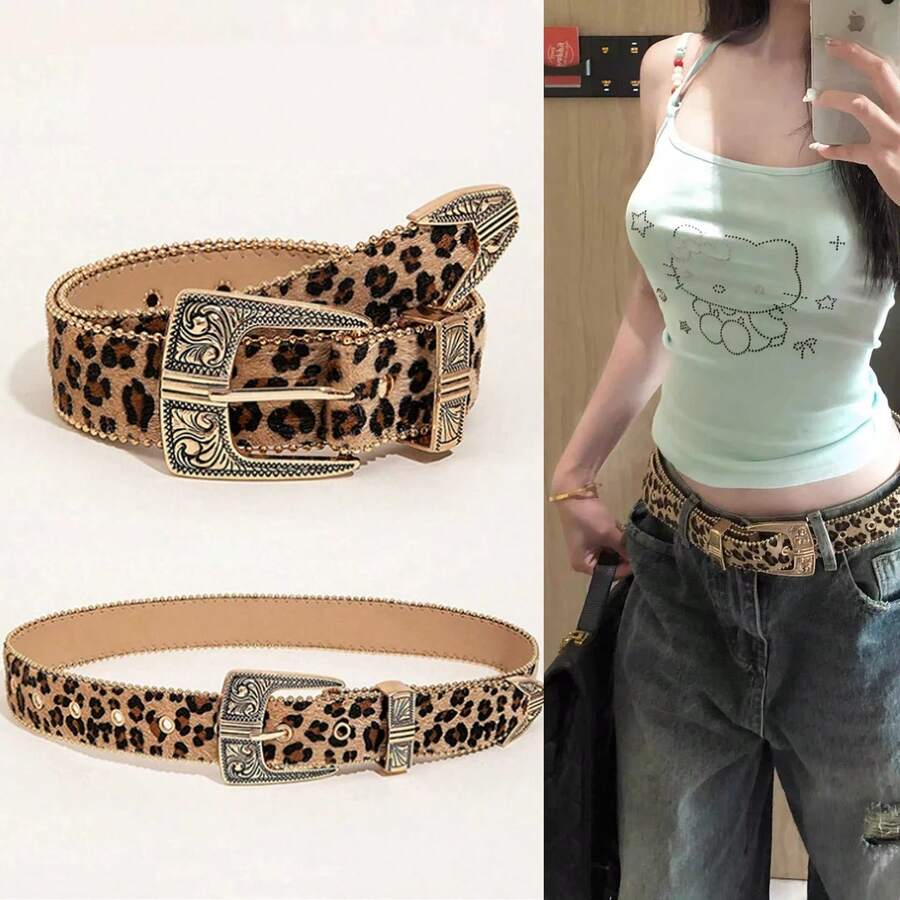 Cinto de Pele Sintética com Estampa de Leopardo Cáqui Y2K, Fivela ...