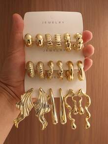 2-6-18PCS Fashionable Elegant Wave Flower, Tassel, Geometric Multi- Gold Metallic Earring Set, Women's Fashion Earring Set, Daily Wear. (Lightweight CCB Material, Hypoallergenic, Non-Fading.) - Multicolor - View 1