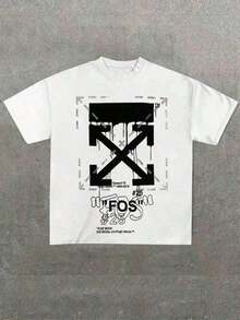 Camiseta negra de estilo urbano, manga corta, cuello redondo con estampado de flechas, top informal de hip-hop para el verano. - Blanco - Ver 12
