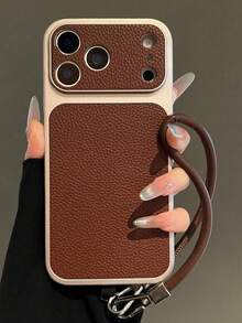 Fashion Lychee Leather Texture Large Window Phone Case Compatible With IPhone 17 Pro Max 17 Pro 16 Pro Max 15 14 Pro 13 12 Pro 17 Camera Protection Matte Soft Edge Shockproof Protective Cover With Portable Wrist Strap Lanyard - Dark Brown - View 3