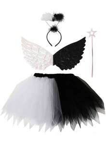 1 Set Costume d'Ange Noir et Blanc de Haute Qualité, Accessoires de Déguisement pour Fête de Vacances et Mascarade, Ensemble Polyvalent de Robe de Fée Magique avec Ailes, Tenue de Performance de Groupe sur Scène, Jupe TU, Couronne d'Ange, Ailes d'Ange Noir et Blanc, Jupe en Tulle, Ensemble 4 Pièces - Noir et Blanc - Voir 1