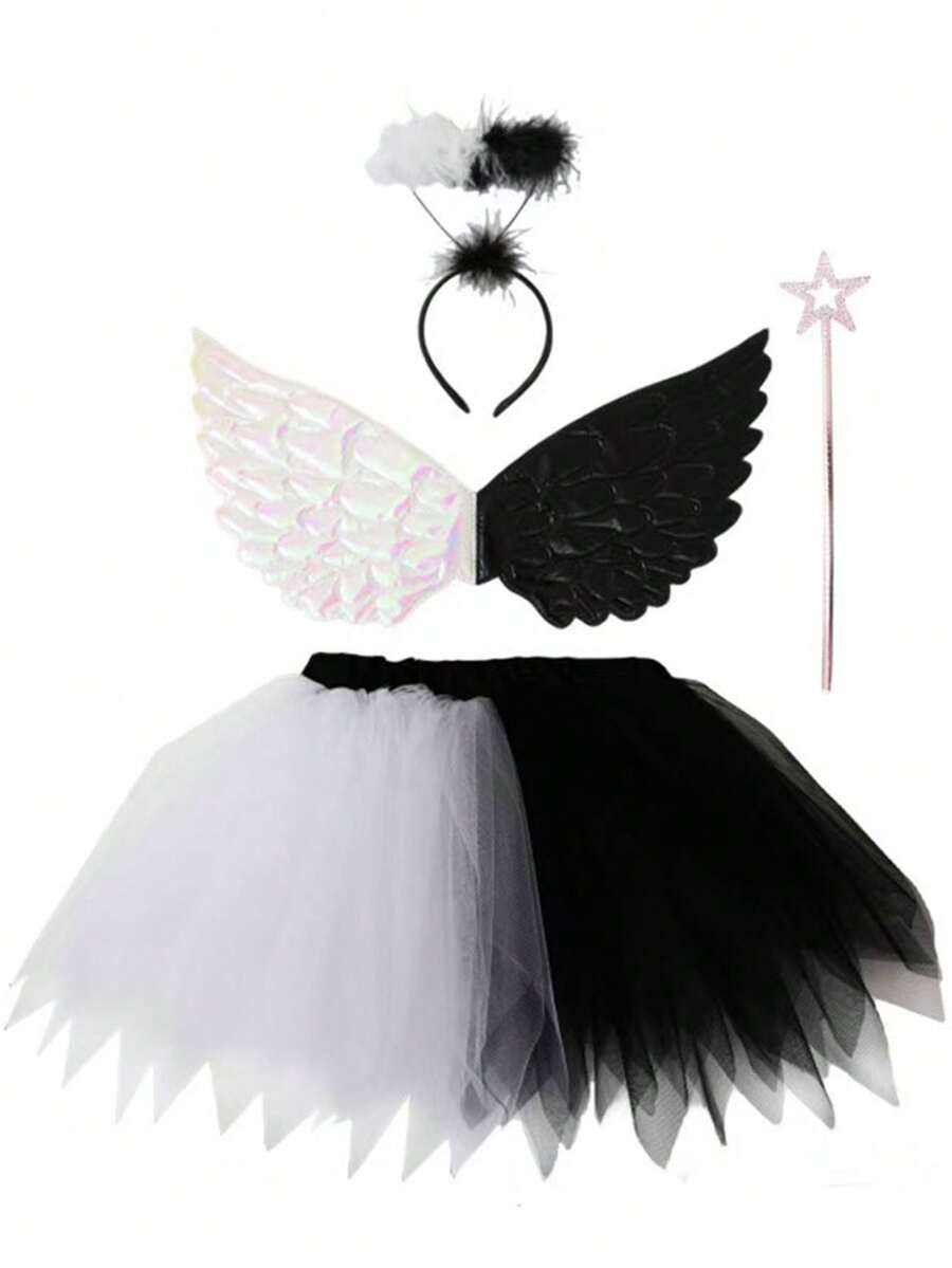 1 Set Costume d'Ange Noir et Blanc de Haute Qualité, Accessoires de Déguisement pour Fête de Vacances et Mascarade, Ensemble Polyvalent de Robe de Fée Magique avec Ailes, Tenue de Performance de Groupe sur Scène, Jupe TU, Couronne d'Ange, Ailes d'Ange Noir et Blanc, Jupe en Tulle, Ensemble 4 Pièces - Noir et Blanc - Voir 1