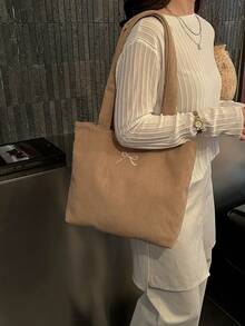 Corduroy Solid Color Shoulder Tote Bag - Khaki - View 4