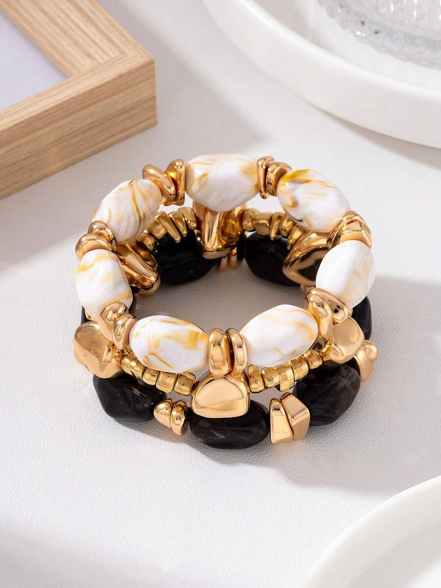 Set Gelang Manik Resin Merah Muda 3 Buah - Gelang Elastis Batu Asimetris Warna Emas yang Dapat Ditumpuk, Perhiasan Wanita Gaya Bohemian yang Dapat Ditumpuk, Hadiah Perhiasan Wanita - Hitam dan Putih - View 1