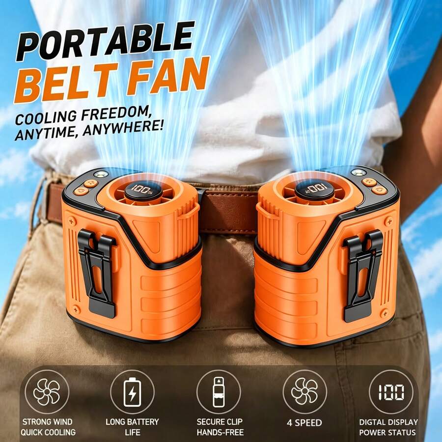 W&O 3-In-1 Portable Cooling Neck Fan | Waist Fan | Desk Fan - 18000Rpm Powerful Brushless Motor, Super Strong Wind, Four Speed Adjustment, 3600Mah Large Capacity Ultra Long Endurance Battery, Led Light Power Display - 橘色 - 查看 1