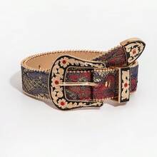 1pc Men's Western Style Frosted Carved Belt, Summer Versatile Jeans Accessory, Rock Western Style Belt With Ornate Gold Buckle, Floral Jacquard Strap With Rhinestone Studs - Multicolor - View 3
