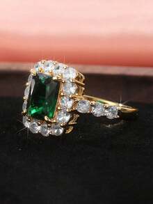 1pc Gold Emerald Gemstone Ring, Rectangular Cut Zirconia Main Stone With Full Diamond Pave Setting, Women's Elegant Statement Jewelry - Gold - View 3