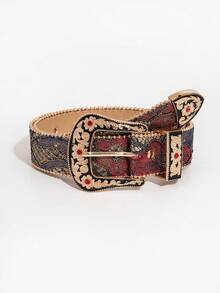 1pc Men's Western Style Frosted Carved Belt, Summer Versatile Jeans Accessory, Rock Western Style Belt With Ornate Gold Buckle, Floral Jacquard Strap With Rhinestone Studs - Multicolor - View 9