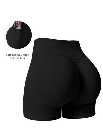 NcmRyu 1 pieza de pantalones cortos deportivos para mujer de unicolor con fruncido en la parte trasera, bolsillos laterales y cintura acanalada
