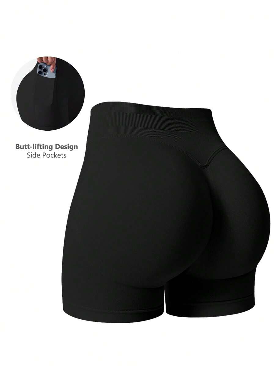 NcmRyu Women's Seamless Shaping Gym Workout Shorts With Side Pockets, Butt-Lifting Cycling Shorts