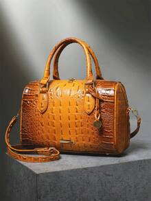 Luxury Crocodile Pattern Handbag, Retro Genuine Purse, Women's Classic Boston Bag & Shoulder Bag - 棕色 - 查看 2