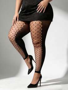 Leggings de red para mujer talla grande 9/10, medias de jacquard floral, medias de red sexy, adecuadas para Halloween, Navidad, fiestas y uso diario - Negro - Ver 4