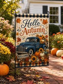 1 pieza Bandera de jardín vintage de camión Hello Autumn, lino rústico vertical azul con camioneta, calabaza, girasol, hoja de arce y borde a cuadros, pancarta de bienvenida para exterior, césped, porche y decoración de granja, adecuada para la cosecha de otoño, Acción de Gracias y entrada de granja - Multicolor 2 - Ver 5