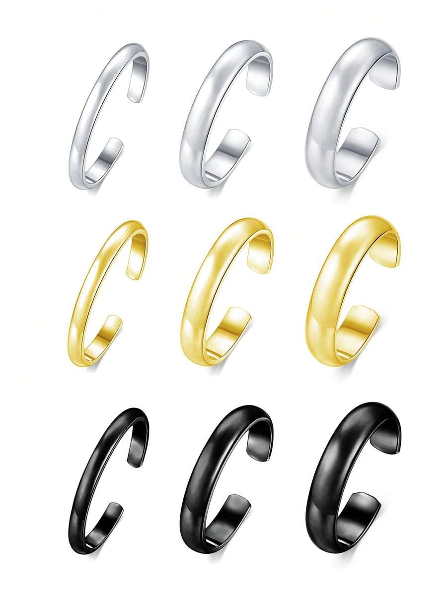 3pcs Multi-Size Solid Color Toe Ring Set, Silver/Gold/Black Summer Beach Jewelry, Minimalist Stackable Toe Rings, Suitable For Daily Wear And Vacation - Multicolor - View 1
