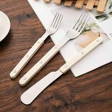 4Pcs Acrylic Handle Rivets Tableware Cutlery Set Stainless Steel Dinner Fork Knife Spoon Western Dinnerware Kitchen Flatware - Beige Silver - View 7
