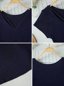 New Solid Color Versatile Slim Fit Waist Cinched Cap Sleeve Knit Top, Spring/Summer - Royal Blue - View 6